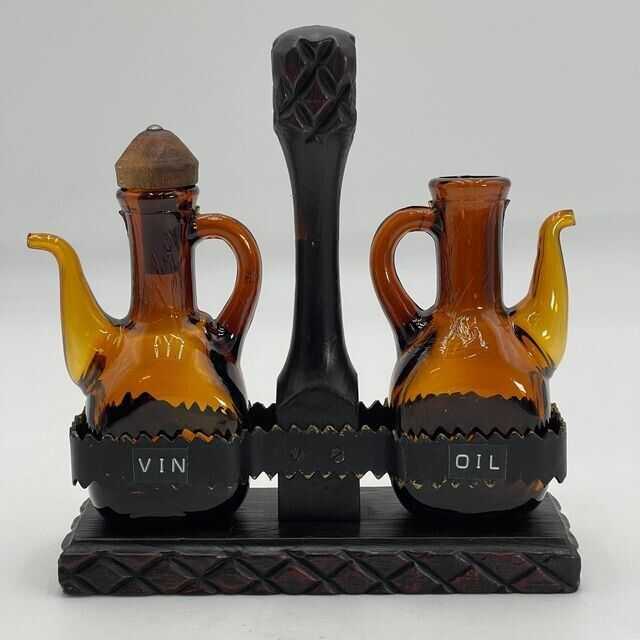 Amber Glass Cruet Oil & Vinegar Set with Wood/Metal Stand - Missing Stopper VTG