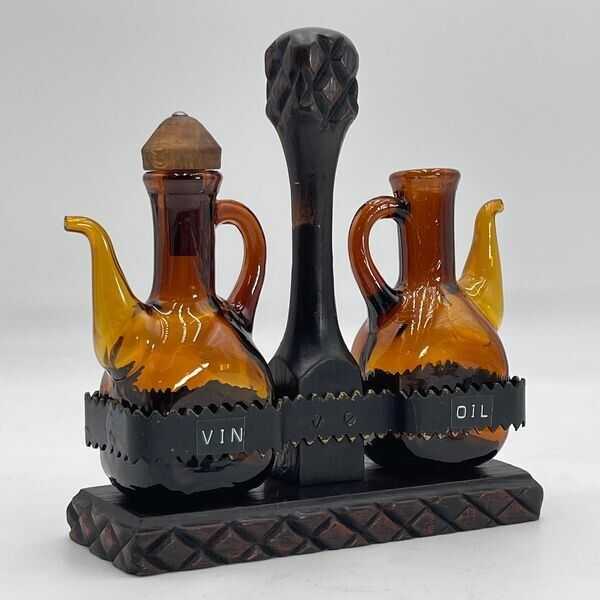 Amber Glass Cruet Oil & Vinegar Set with Wood/Metal Stand - Missing Stopper VTG