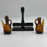 Amber Glass Cruet Oil & Vinegar Set with Wood/Metal Stand - Missing Stopper VTG