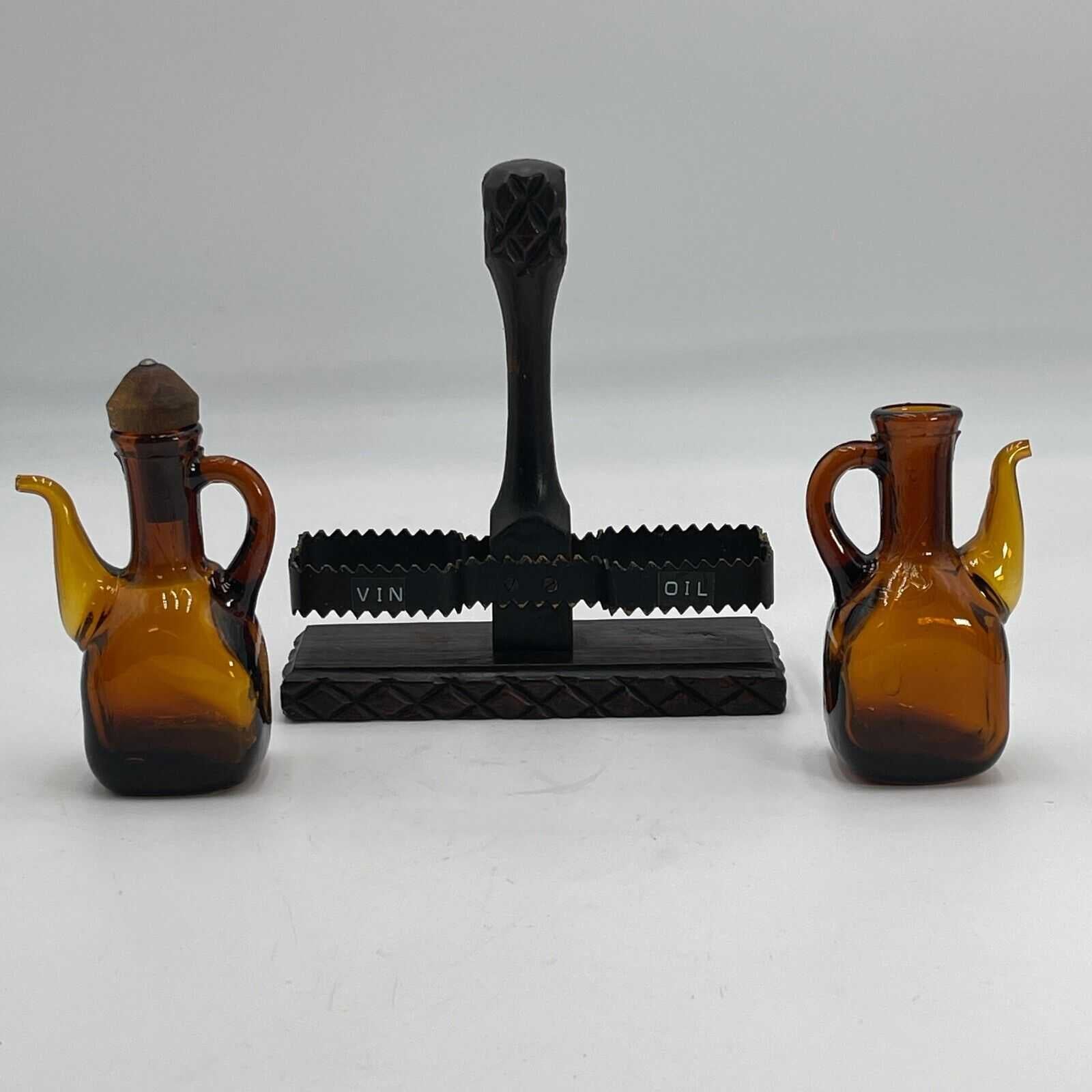 Amber Glass Cruet Oil & Vinegar Set with Wood/Metal Stand - Missing Stopper VTG