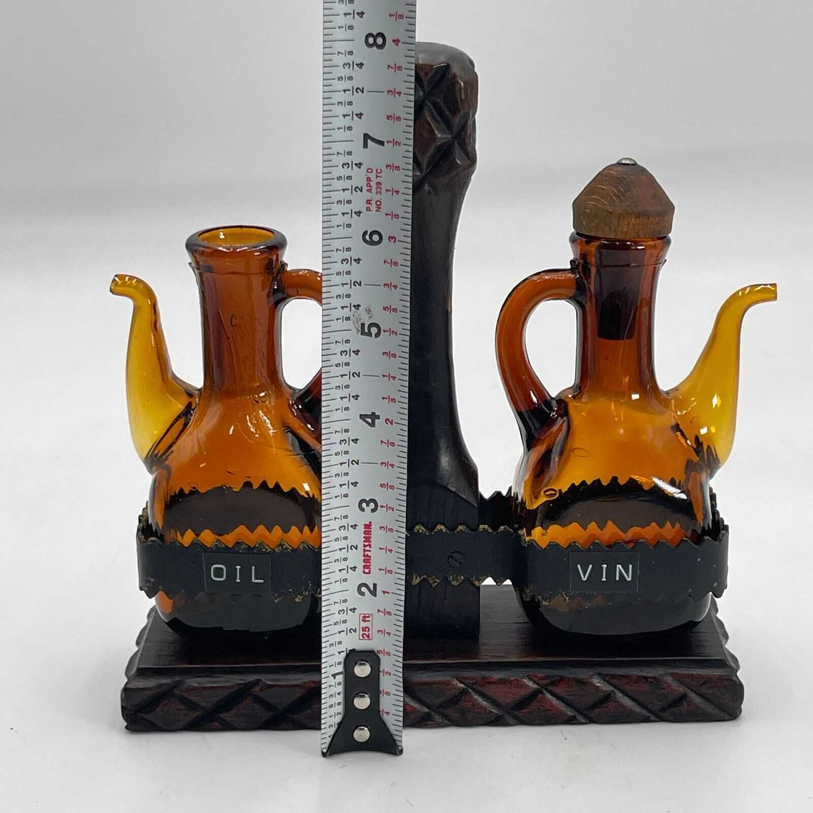 Amber Glass Cruet Oil & Vinegar Set with Wood/Metal Stand - Missing Stopper VTG