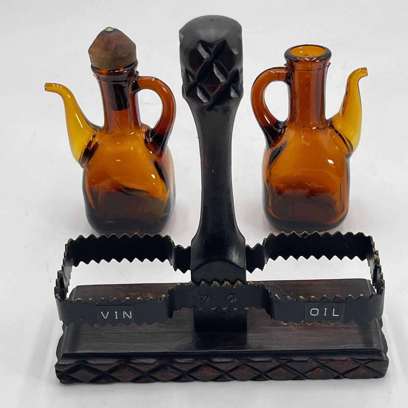 Amber Glass Cruet Oil & Vinegar Set with Wood/Metal Stand - Missing Stopper VTG