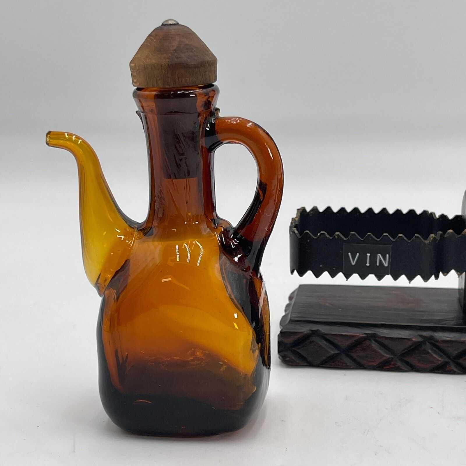 Amber Glass Cruet Oil & Vinegar Set with Wood/Metal Stand - Missing Stopper VTG