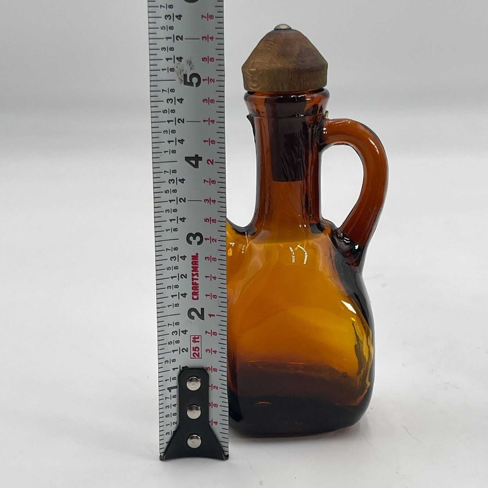 Amber Glass Cruet Oil & Vinegar Set with Wood/Metal Stand - Missing Stopper VTG