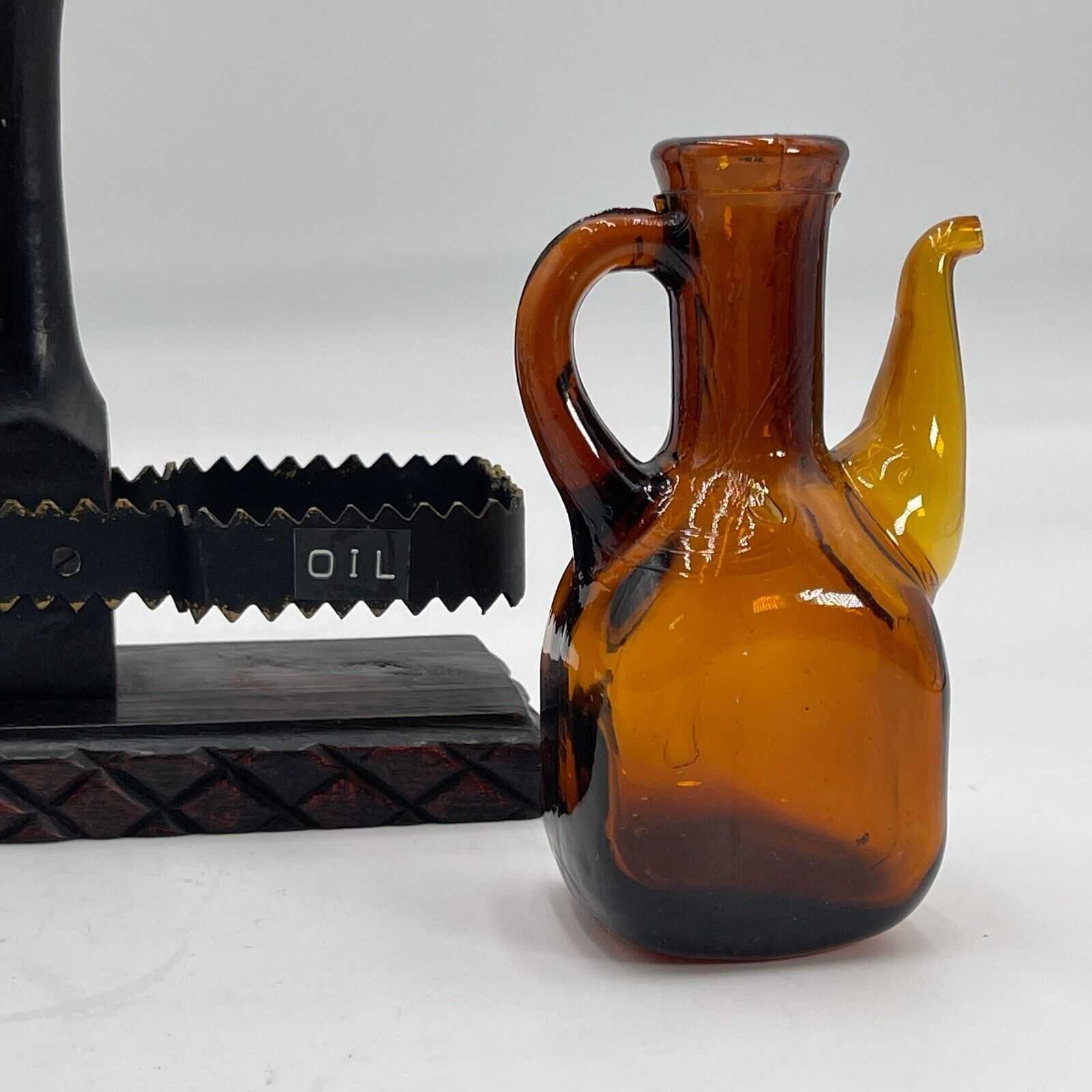 Amber Glass Cruet Oil & Vinegar Set with Wood/Metal Stand - Missing Stopper VTG