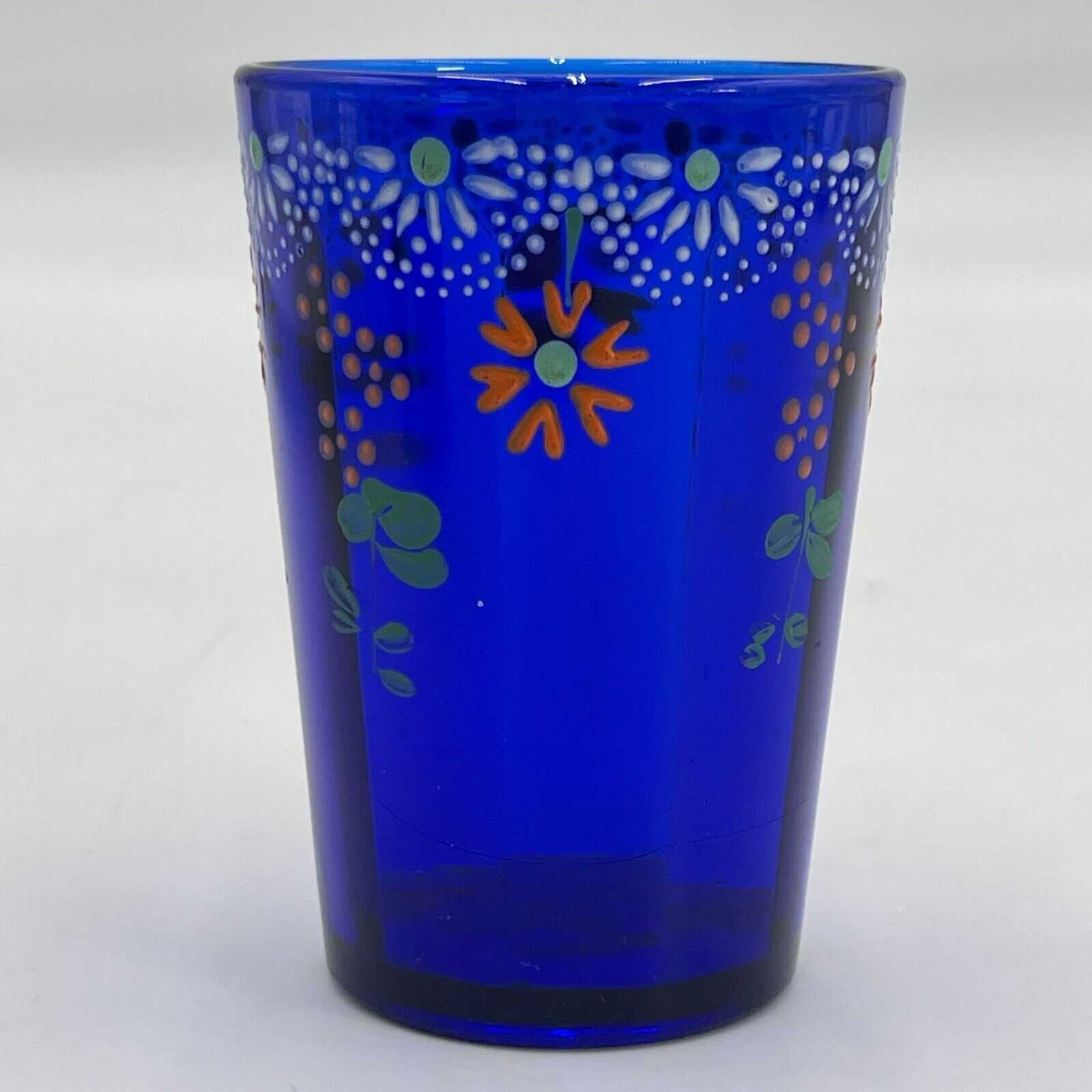 Antique Victorian Cobalt Blue Enamel Painted Lemonade or Water Glass Tumbler