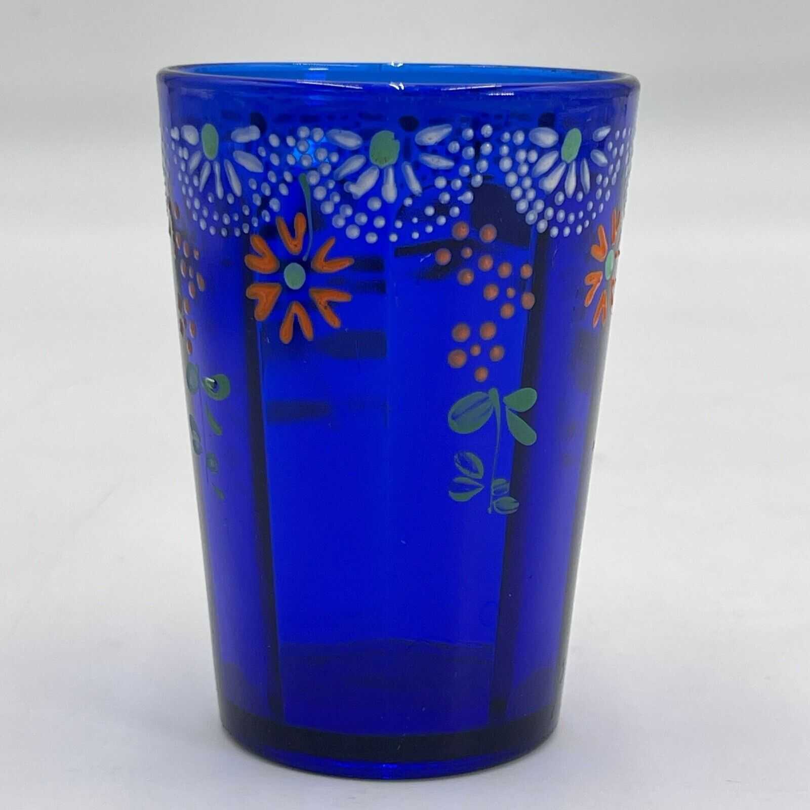 Antique Victorian Cobalt Blue Enamel Painted Lemonade or Water Glass Tumbler