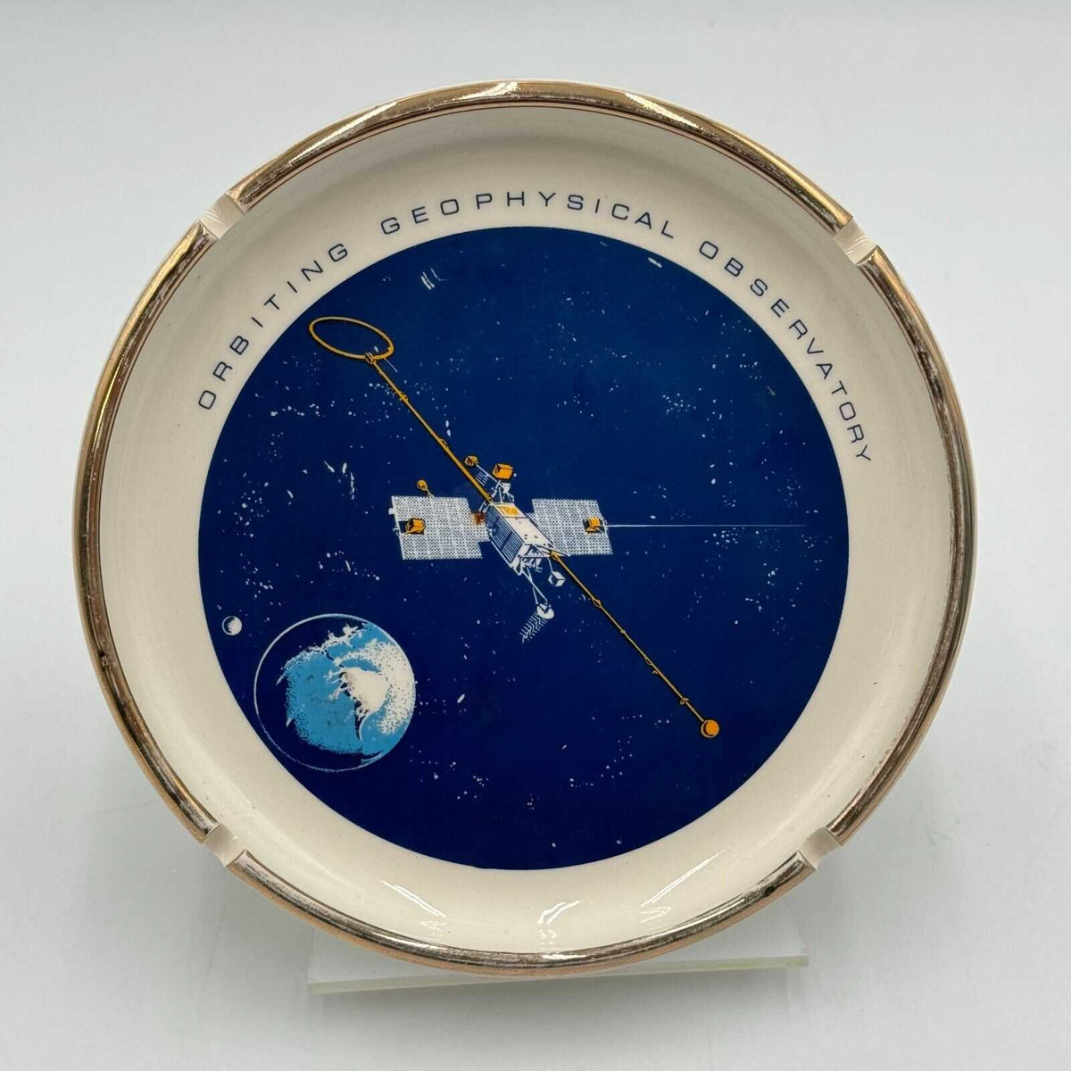 Ashtray 7in Ceramic Orbiting Geophysical Observatory Space Station Earth Stars