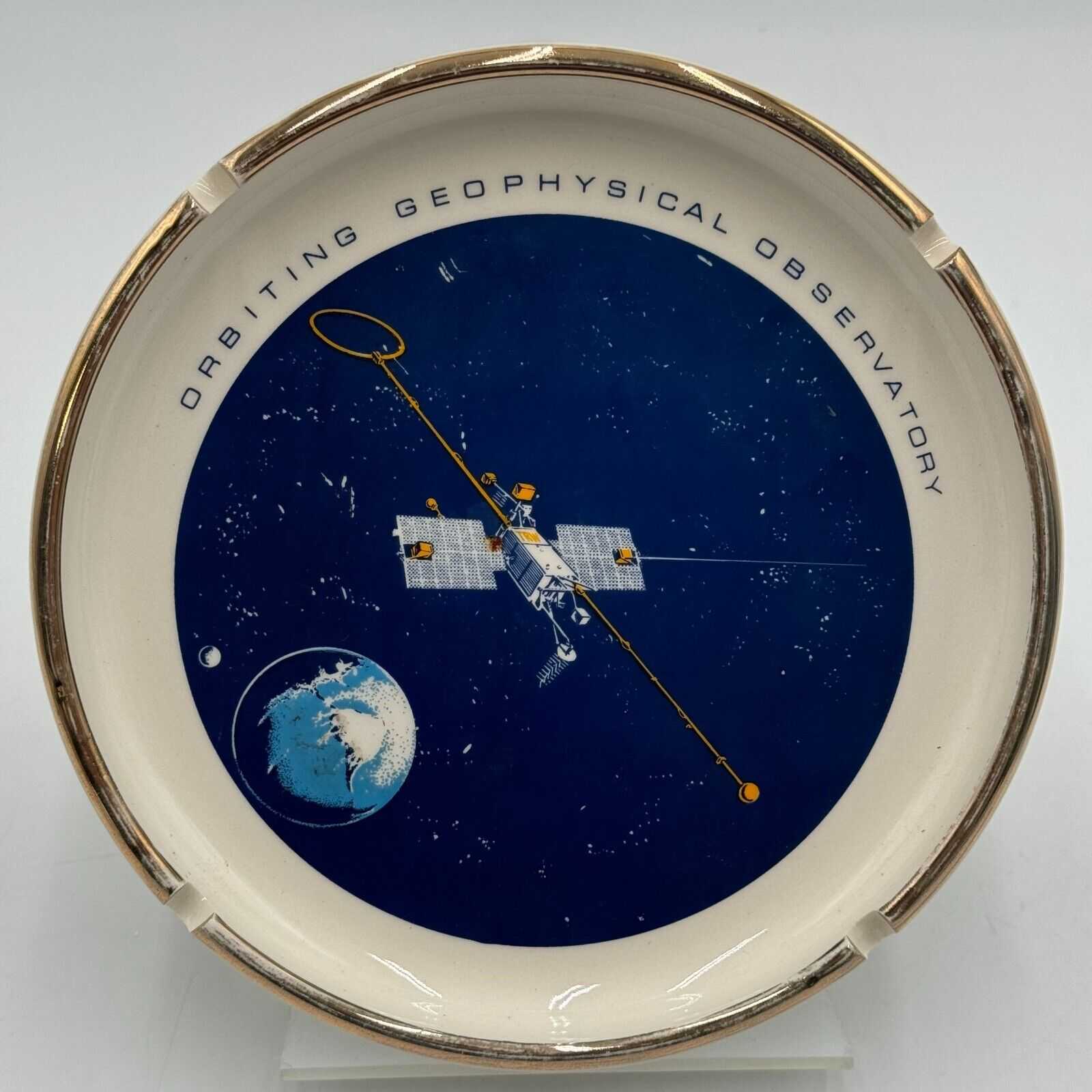 Ashtray 7in Ceramic Orbiting Geophysical Observatory Space Station Earth Stars