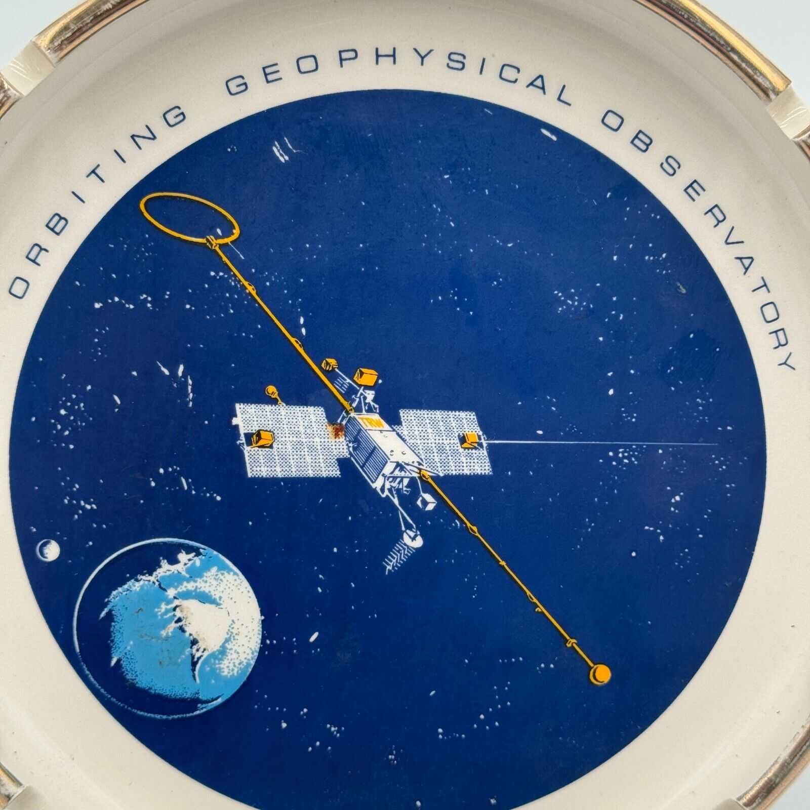 Ashtray 7in Ceramic Orbiting Geophysical Observatory Space Station Earth Stars