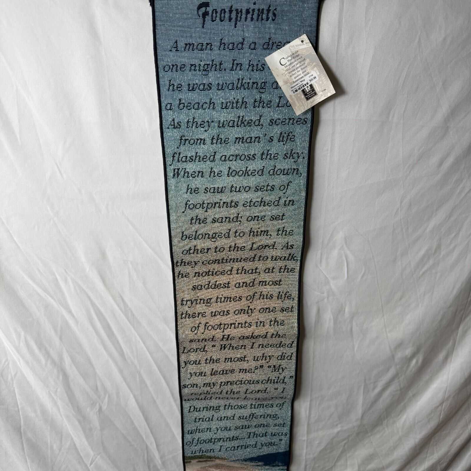 Bell Pull Hanging Banner 9x41 Jesus Footprints in the Sand Carried You Blue NWT