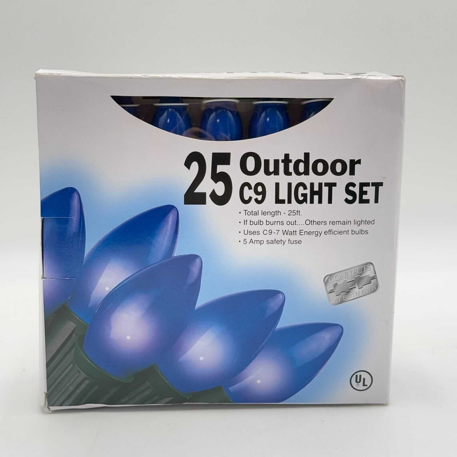 Blue 25 Bulb Outdoor C9 Light Set 25ft Connectable Cord 7W Energy Efficient 5A