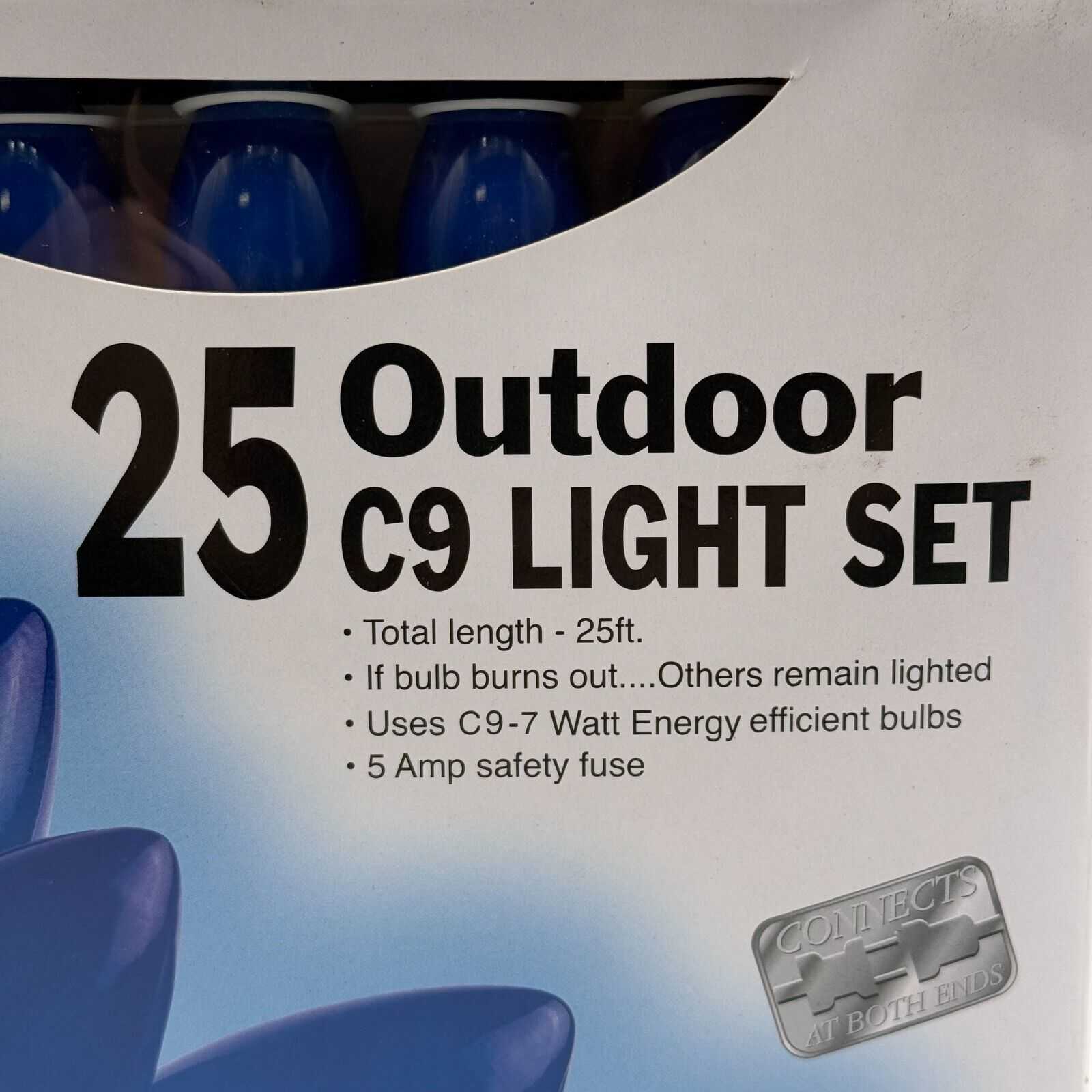 Blue 25 Bulb Outdoor C9 Light Set 25ft Connectable Cord 7W Energy Efficient 5A