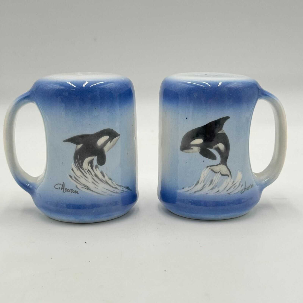 Blue Ocean Orca Salt & Pepper Shaker Signed C HOOTON Hand Painted Killer Whales