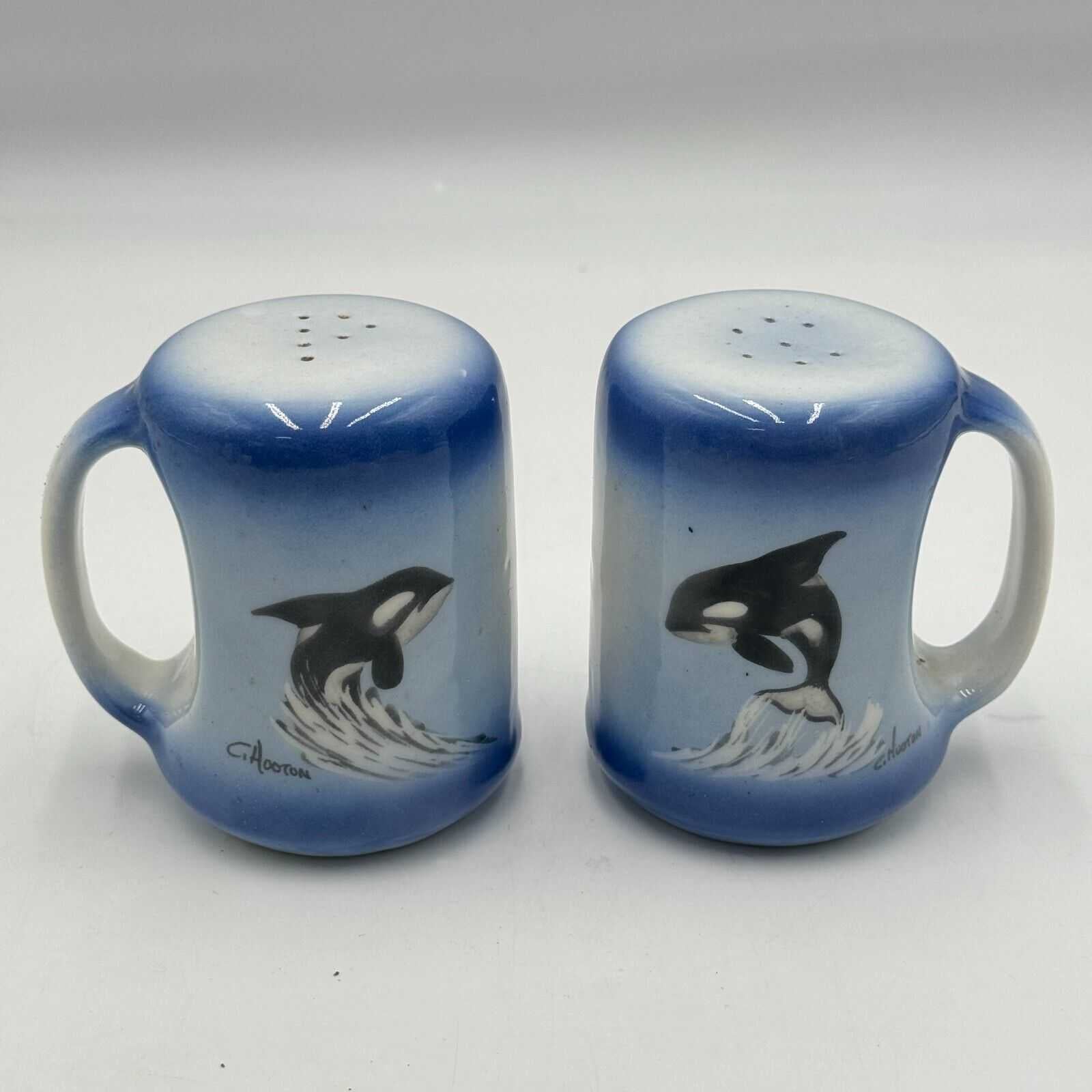 Blue Ocean Orca Salt & Pepper Shaker Signed C HOOTON Hand Painted Killer Whales