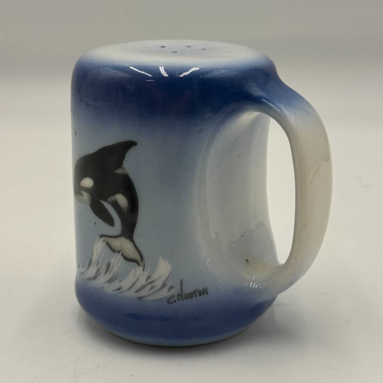 Blue Ocean Orca Salt & Pepper Shaker Signed C HOOTON Hand Painted Killer Whales