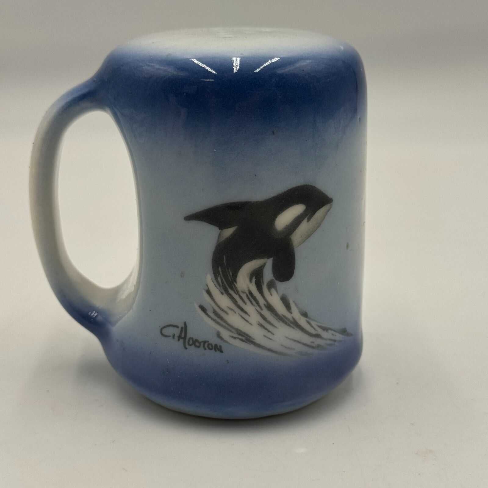 Blue Ocean Orca Salt & Pepper Shaker Signed C HOOTON Hand Painted Killer Whales