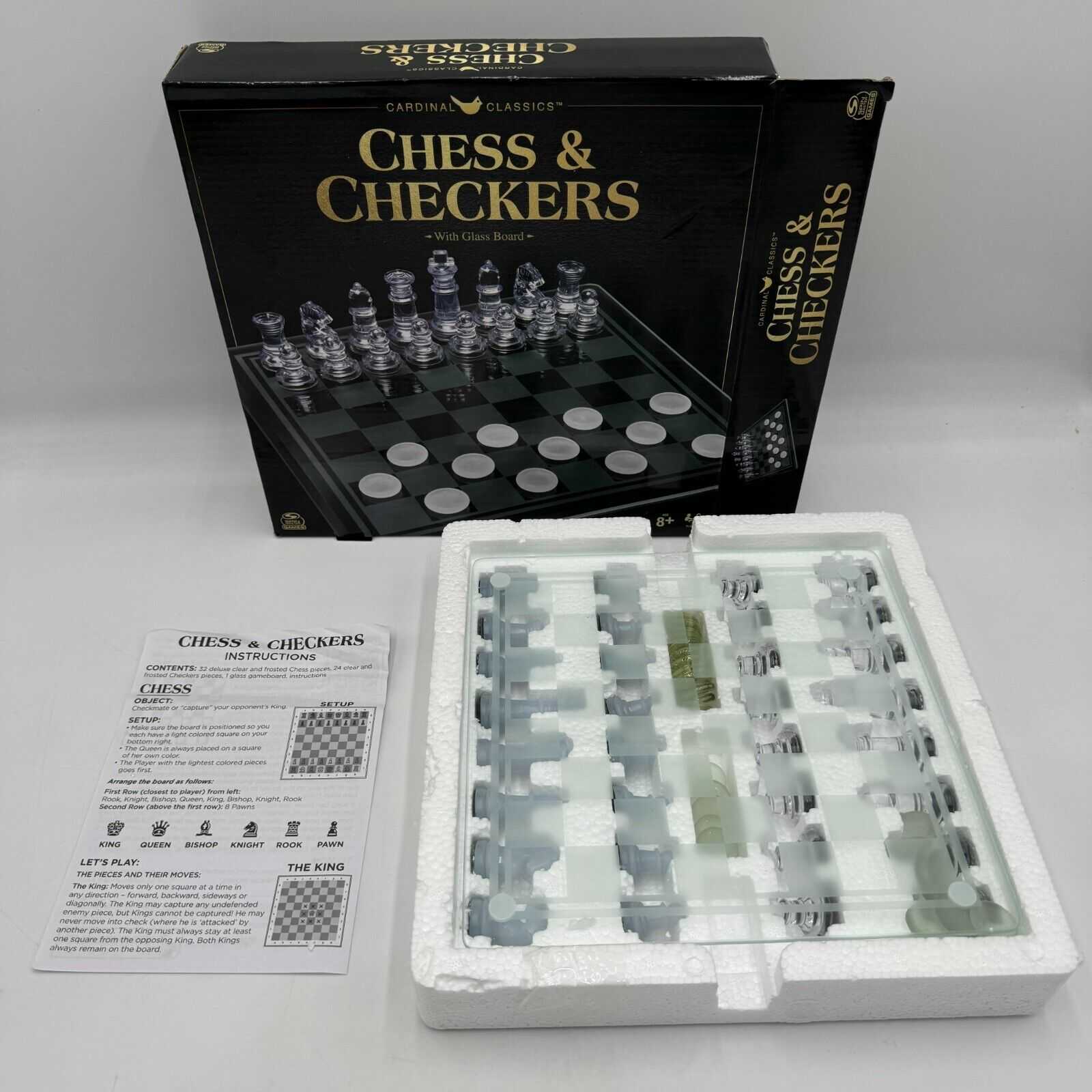 Classic CHESS & Checkers With GLASS Board Clear And Frosted Pieces NEW Game Set