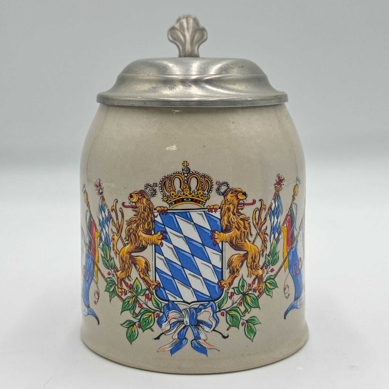 German Bavarian Beer Stein Ceramic Pewter Lid 2 Lion Crest Coat of Arms Flags 6"