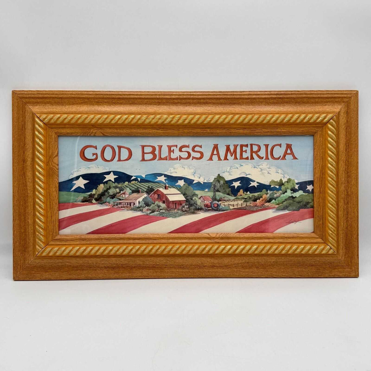 God Bless Ameria 8x22 Print Farmland Flag Art Red White Blue Christian Patriotic