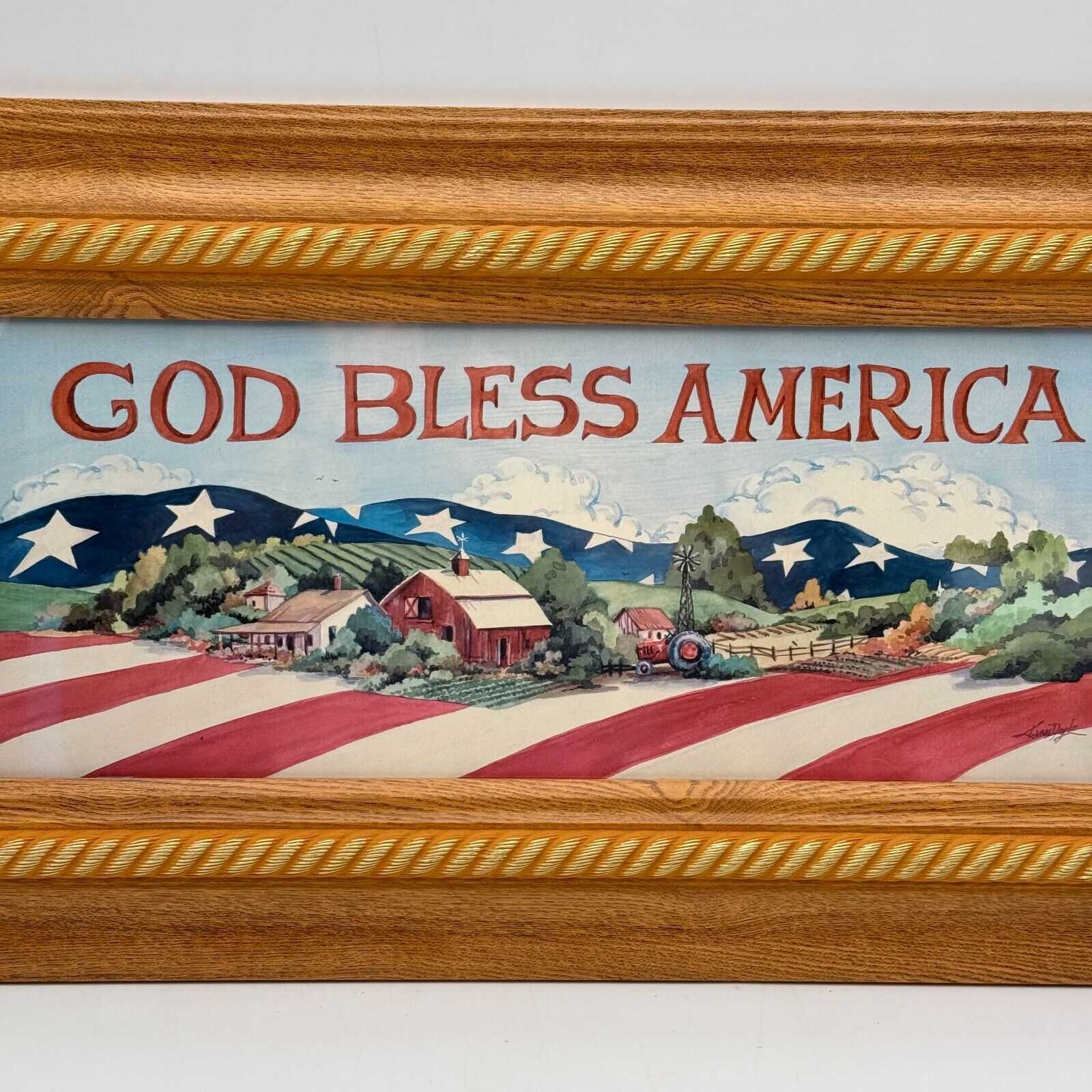 God Bless Ameria 8x22 Print Farmland Flag Art Red White Blue Christian Patriotic