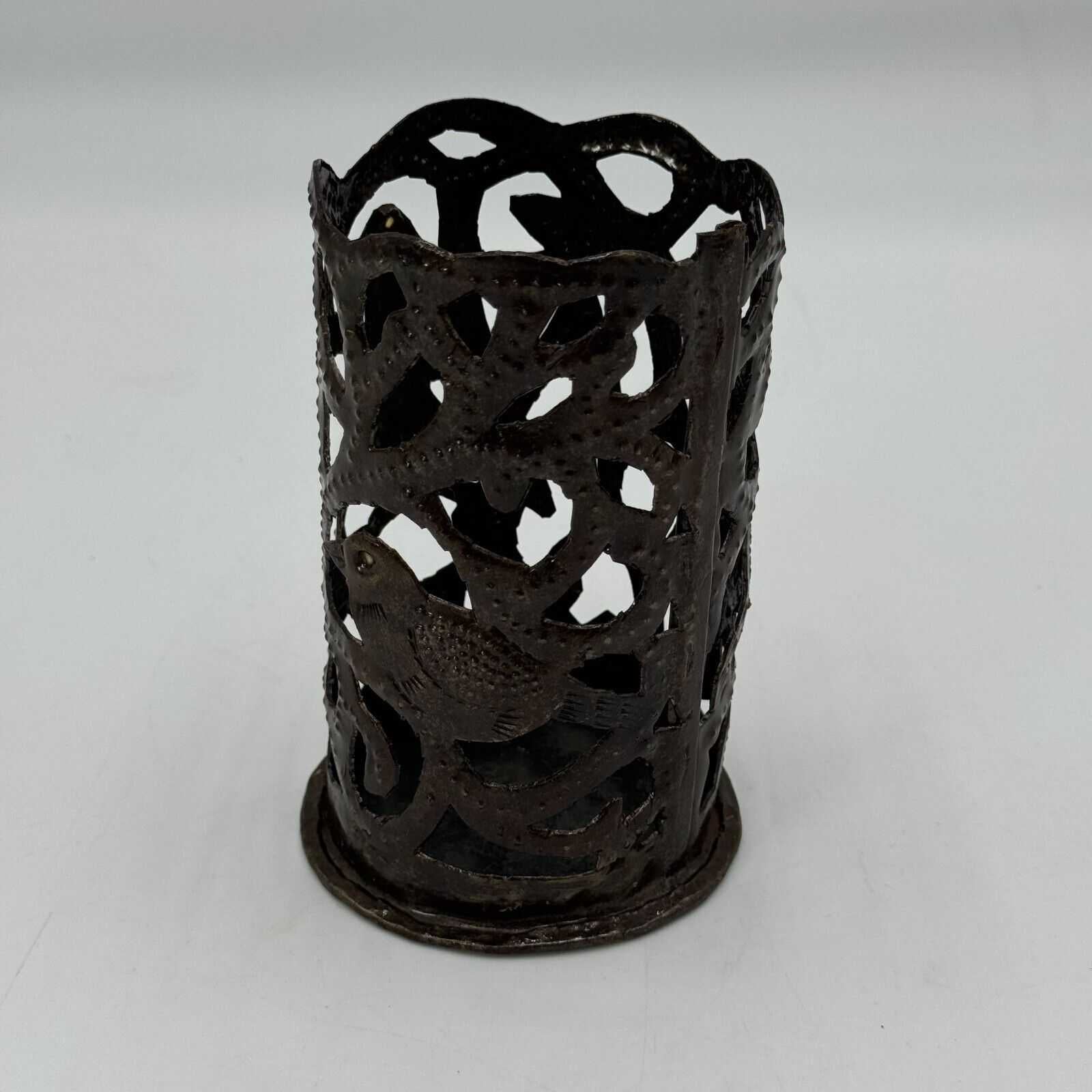 Haitian Punched Metal Bronze Candle Holder 3in Diameter L’Rernier Engraved Art