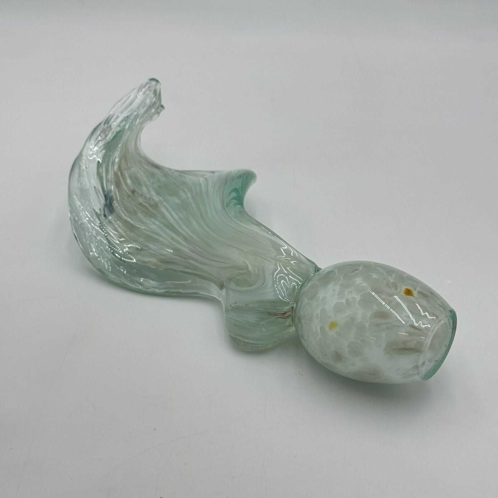 Hand Blown 10in Glass Art Sculpture Green Wave Flame Round Hollow Base Unique