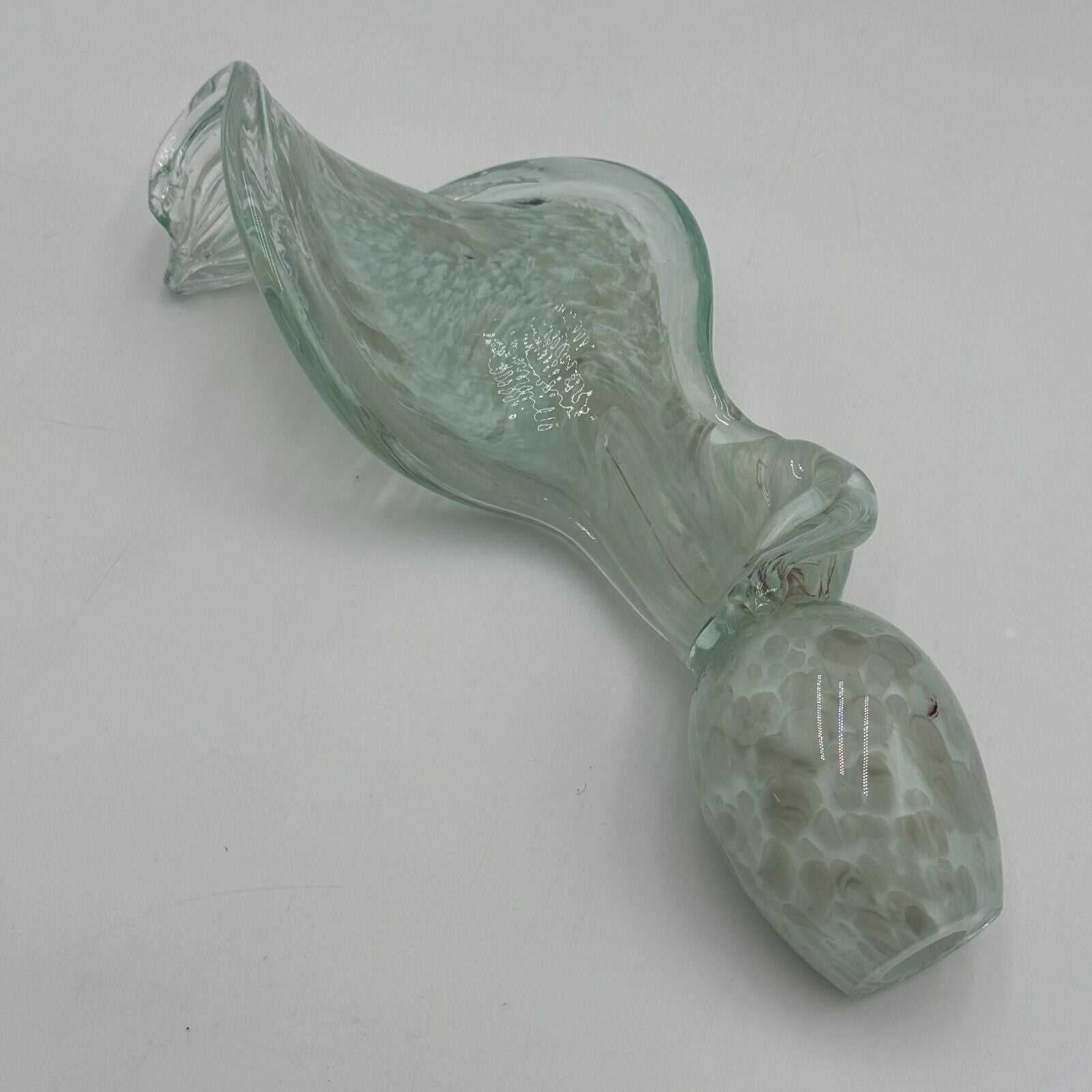 Hand Blown 10in Glass Art Sculpture Green Wave Flame Round Hollow Base Unique