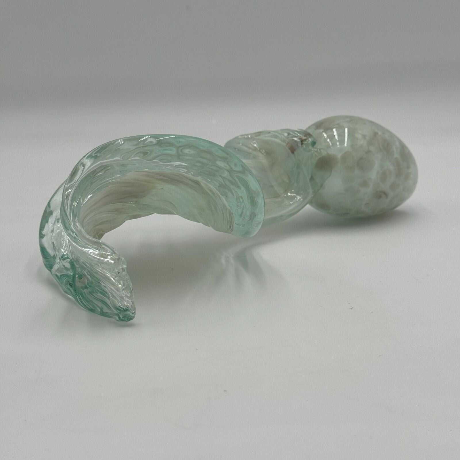 Hand Blown 10in Glass Art Sculpture Green Wave Flame Round Hollow Base Unique