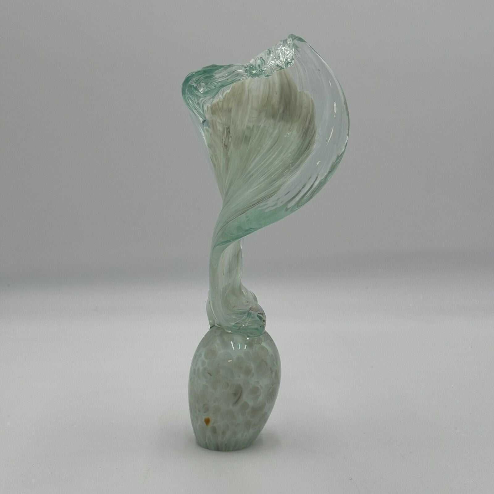 Hand Blown 10in Glass Art Sculpture Green Wave Flame Round Hollow Base Unique