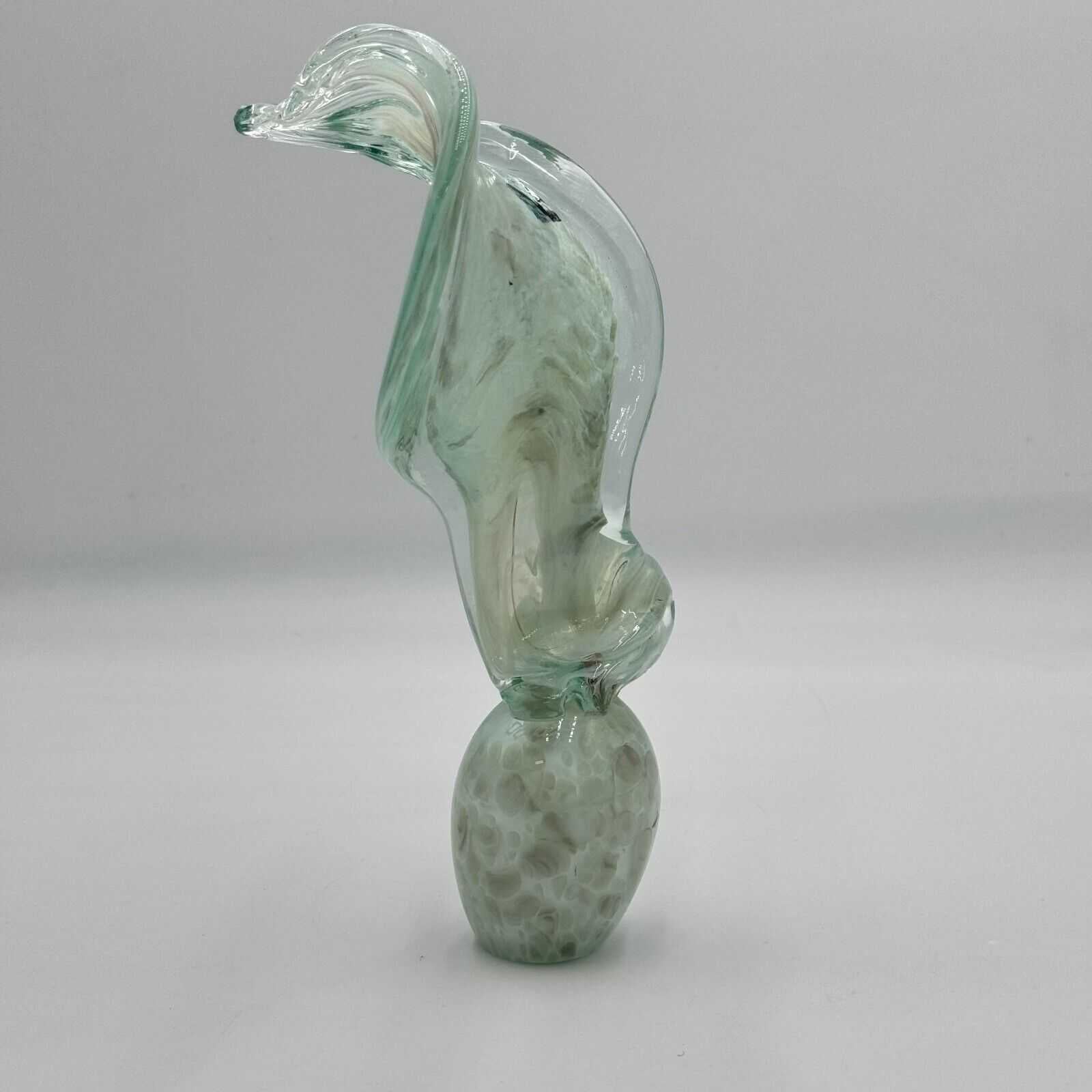 Hand Blown 10in Glass Art Sculpture Green Wave Flame Round Hollow Base Unique