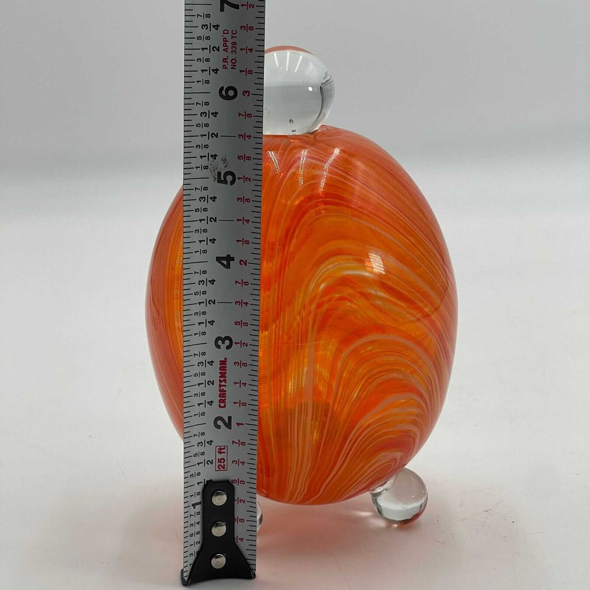 Hand Blown Glass Art FOOTED ORANGE SWIRL EGG Clear feet With Stopper