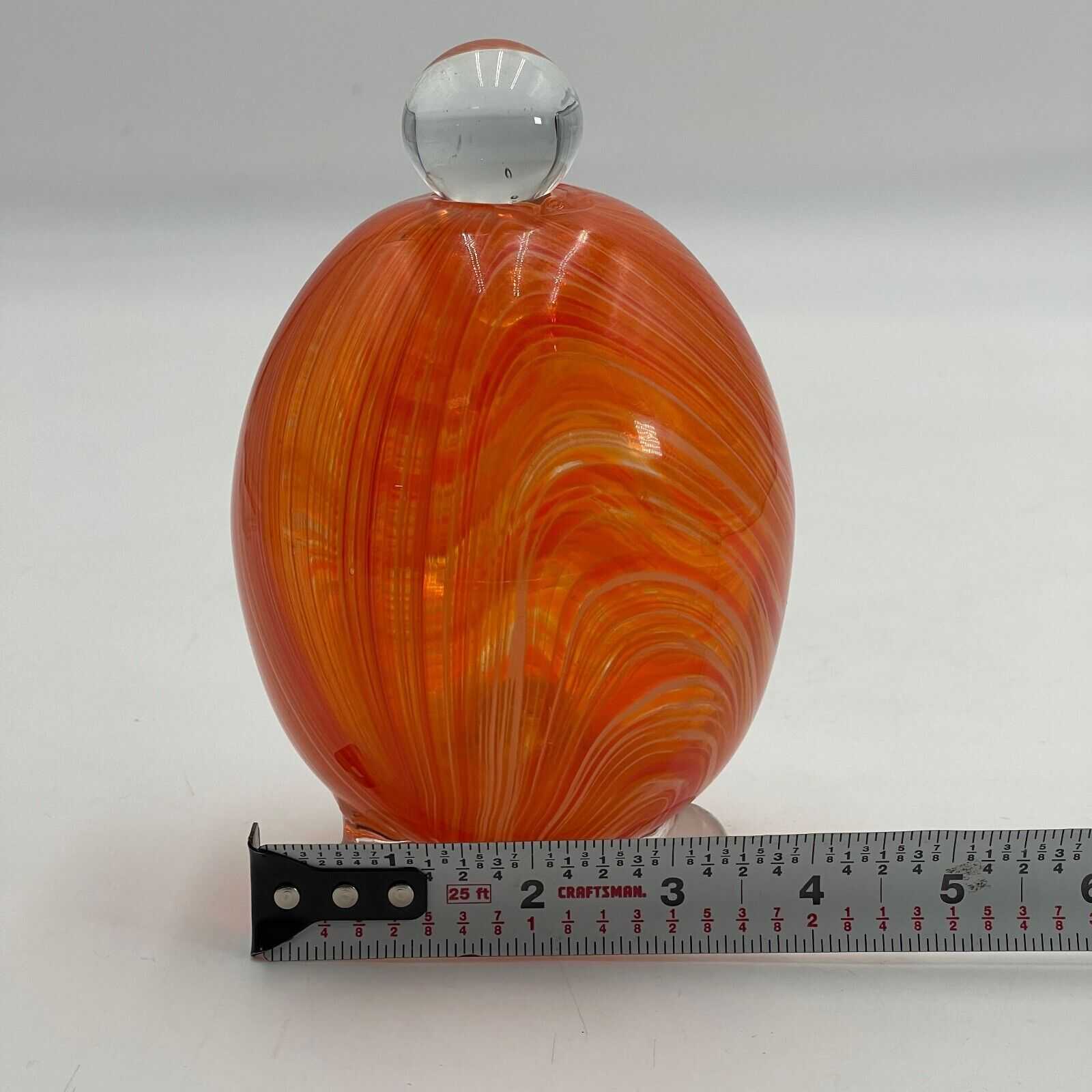 Hand Blown Glass Art FOOTED ORANGE SWIRL EGG Clear feet With Stopper