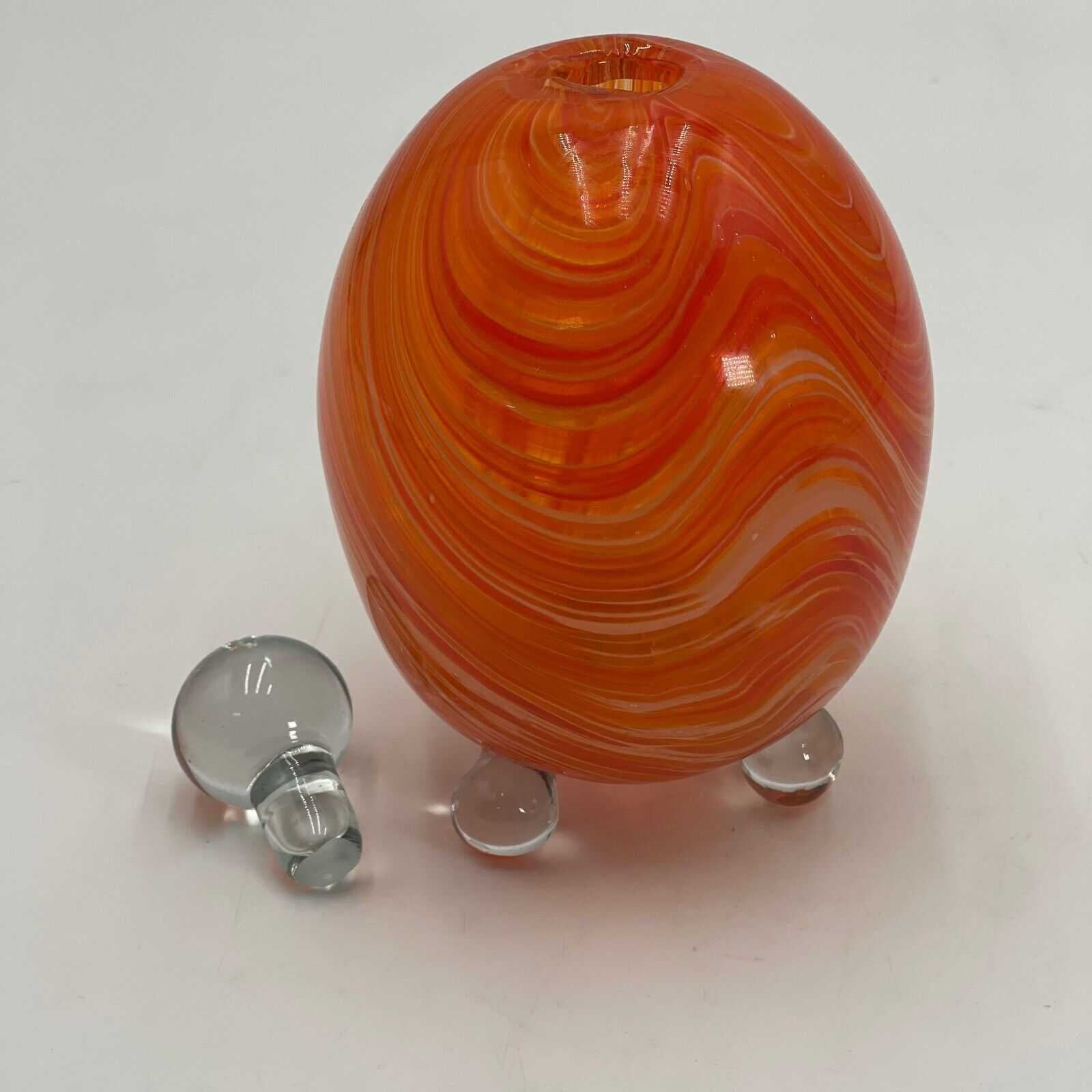 Hand Blown Glass Art FOOTED ORANGE SWIRL EGG Clear feet With Stopper