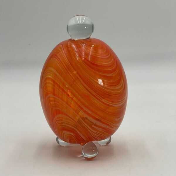 Hand Blown Glass Art FOOTED ORANGE SWIRL EGG Clear feet With Stopper