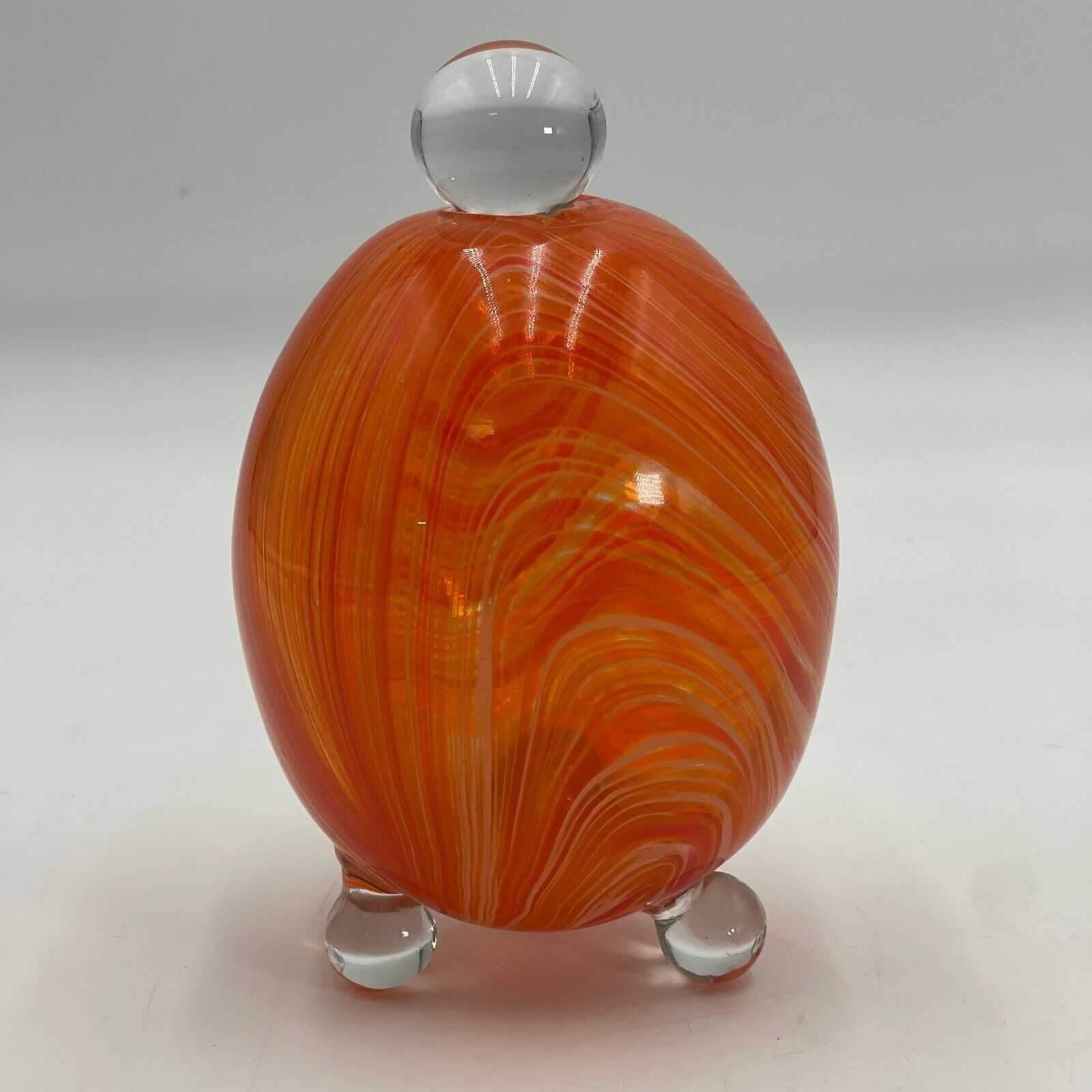 Hand Blown Glass Art FOOTED ORANGE SWIRL EGG Clear feet With Stopper