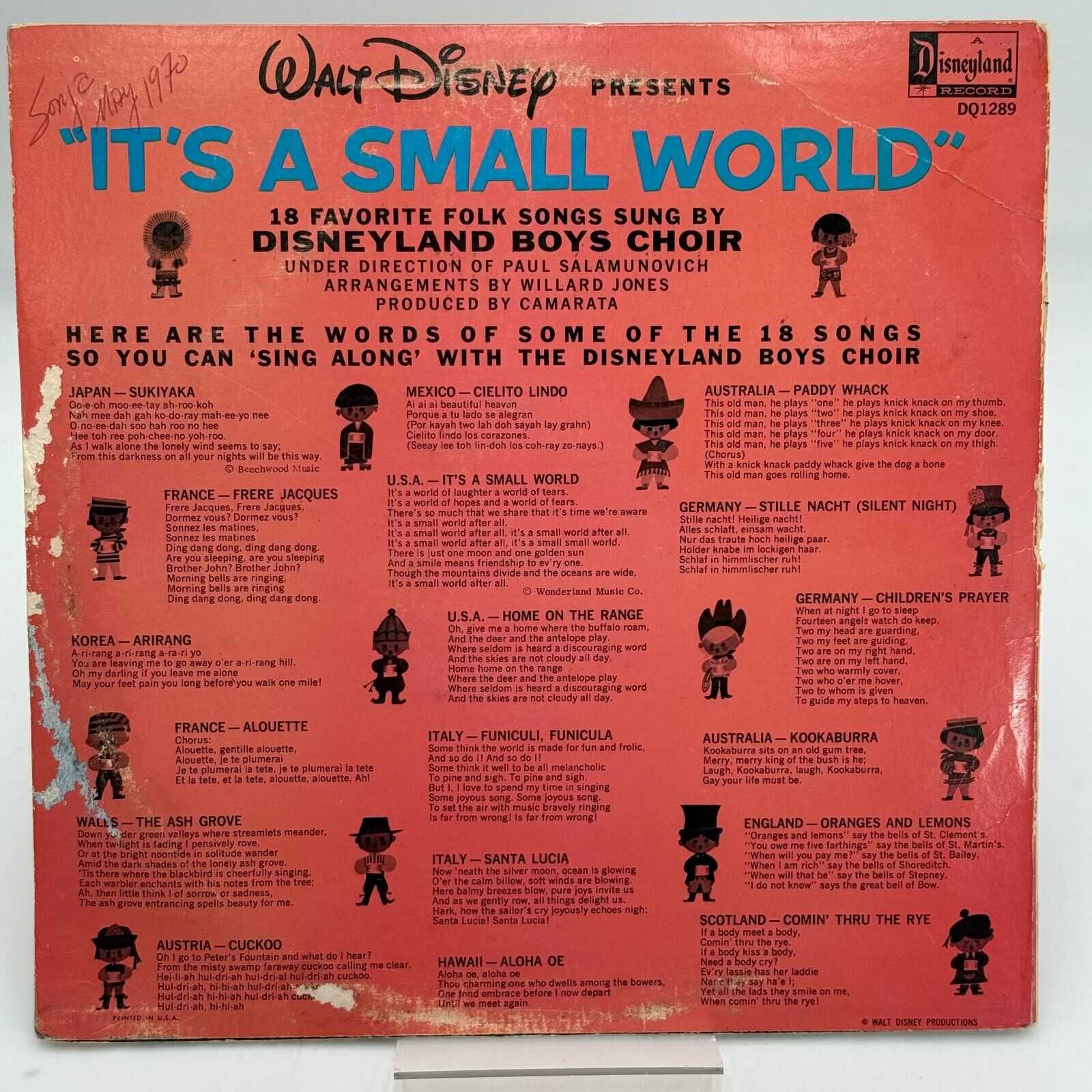 It's A Small World 18 Favorite Folk Songs 1965 Vinyl Album Disneyland Boys Choir