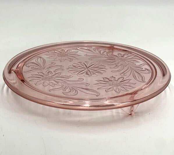 Jeanette Pink Depression Glass Vintage Cake Plate Sunflower 10” Footed 1930s