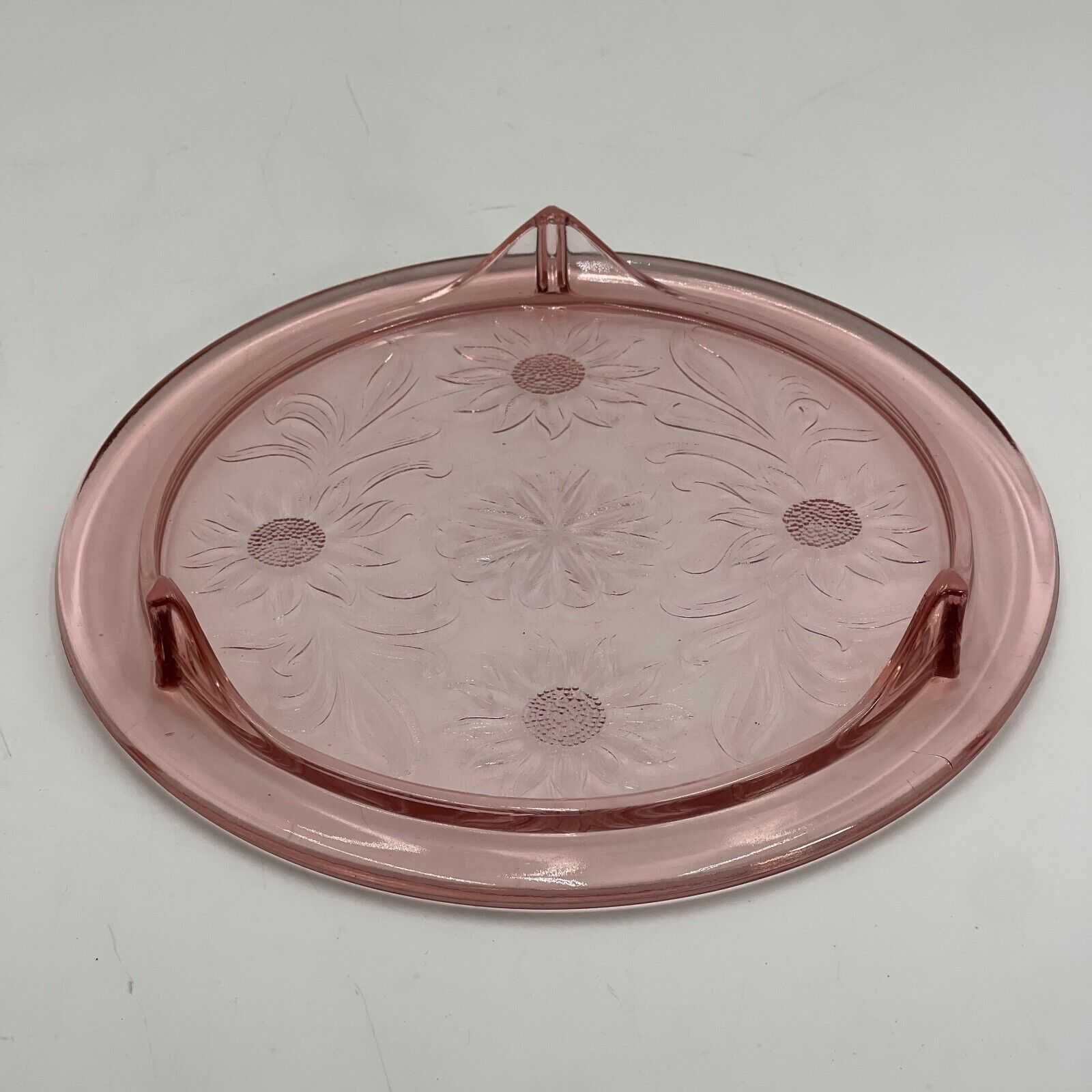 Jeanette Pink Depression Glass Vintage Cake Plate Sunflower 10” Footed 1930s