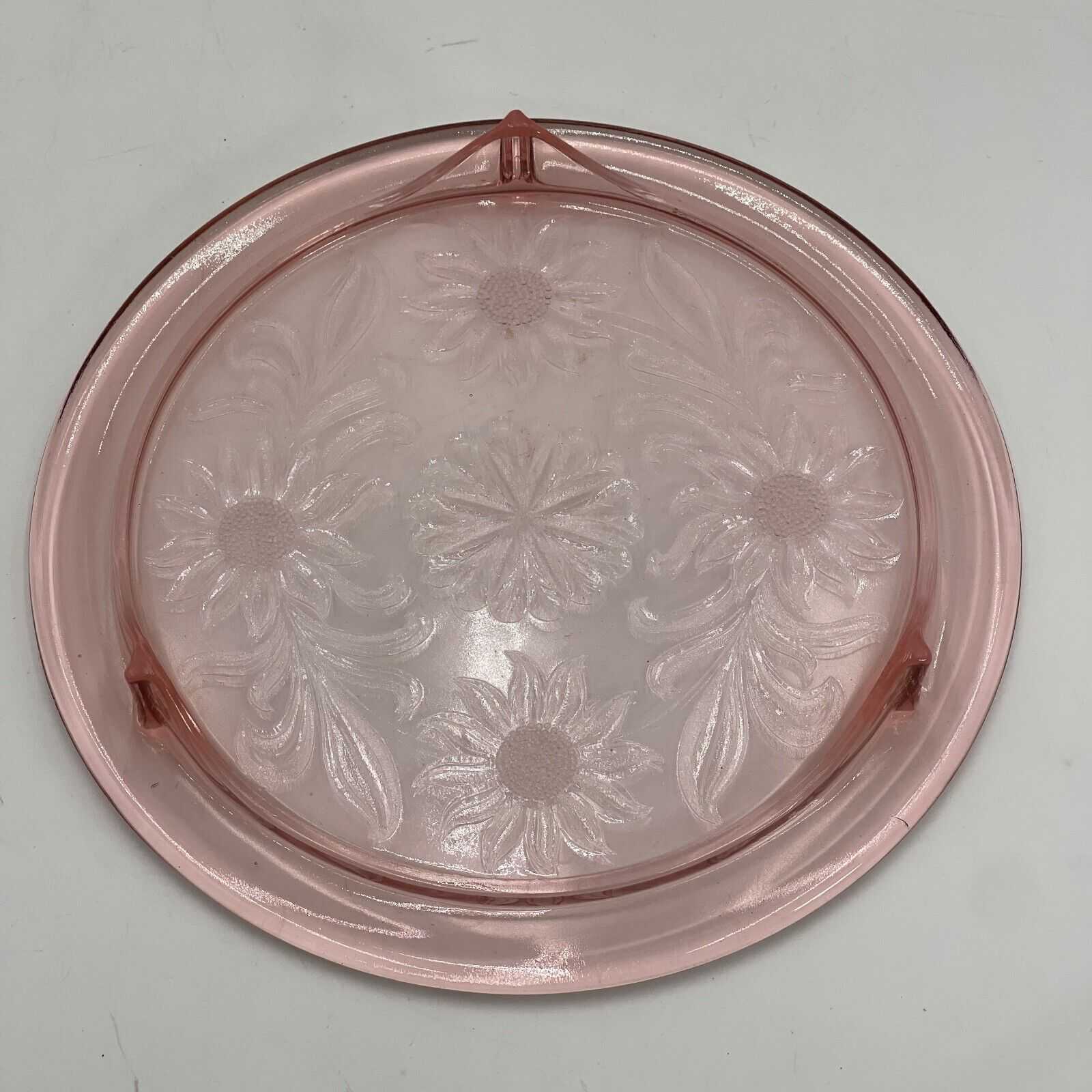 Jeanette Pink Depression Glass Vintage Cake Plate Sunflower 10” Footed 1930s