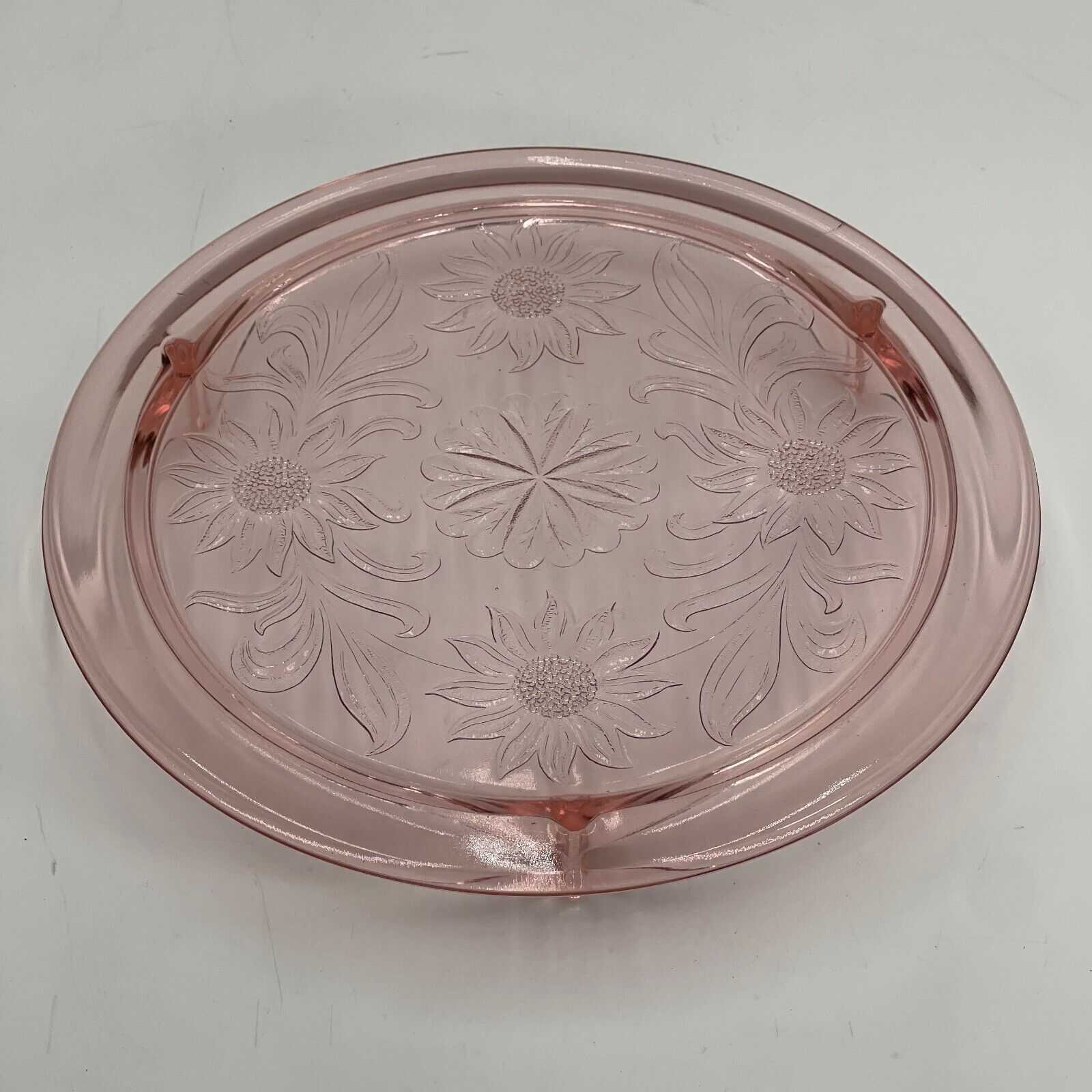 Jeanette Pink Depression Glass Vintage Cake Plate Sunflower 10” Footed 1930s