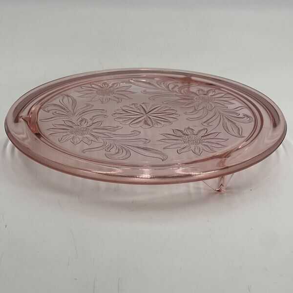 Jeanette Pink Depression Glass Vintage Cake Plate Sunflower 10” Footed 1930s