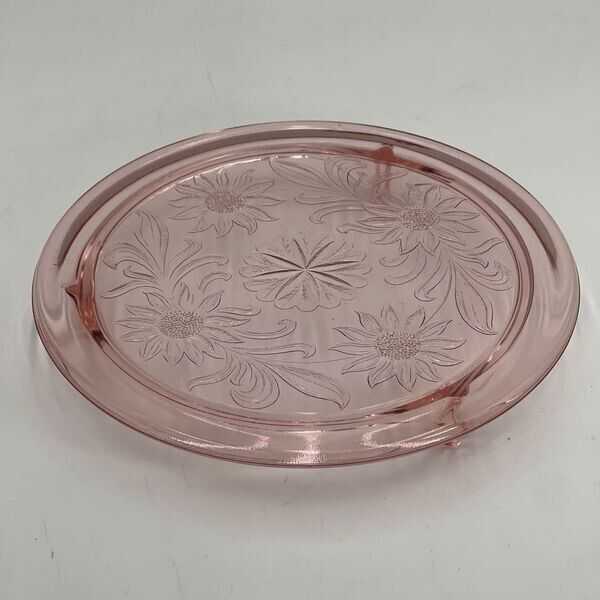 Jeanette Pink Depression Glass Vintage Cake Plate Sunflower 10” Footed 1930s