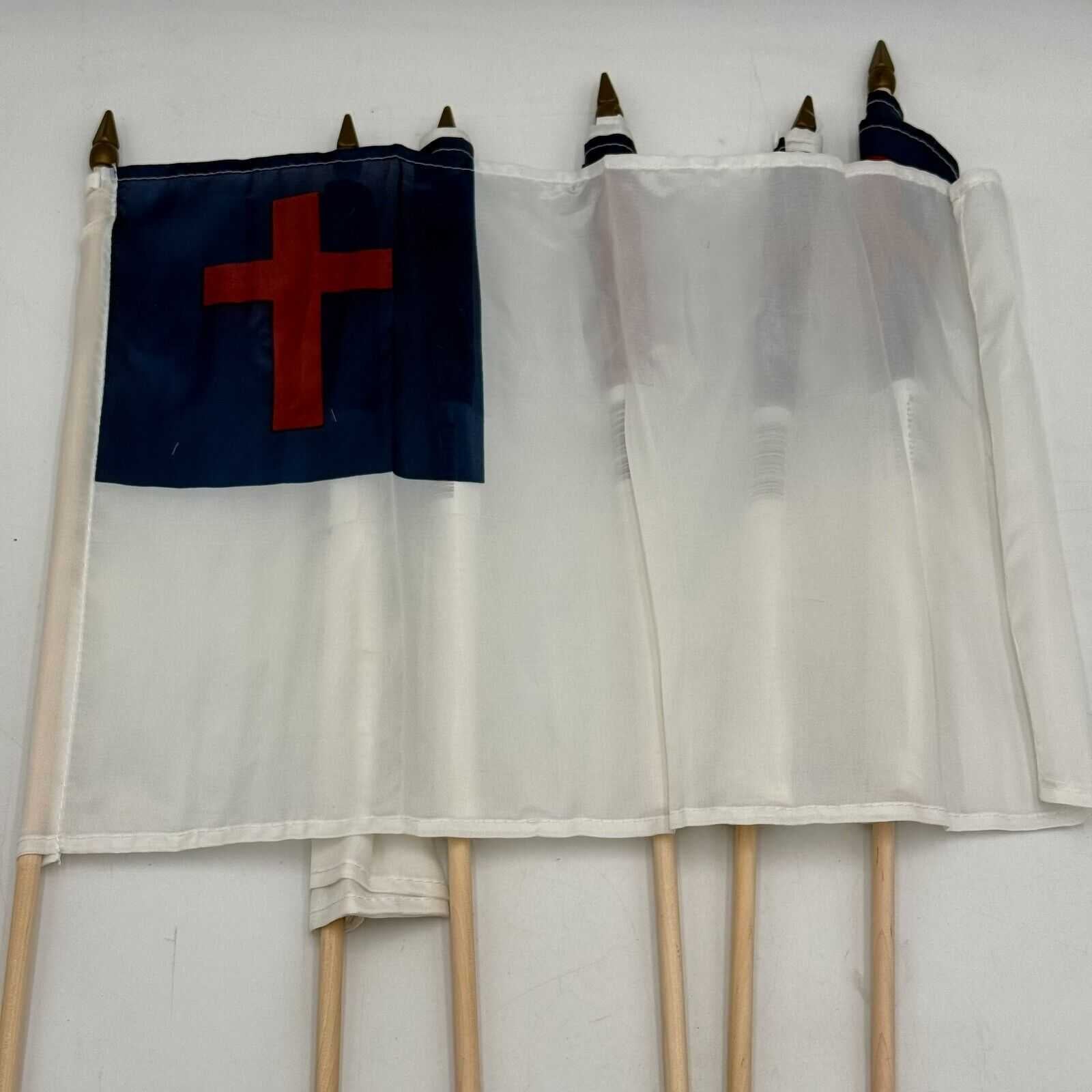 Lot of 6 Christian Flags 12x18" White Banner Blue with Red Cross on 25" Pole NEW