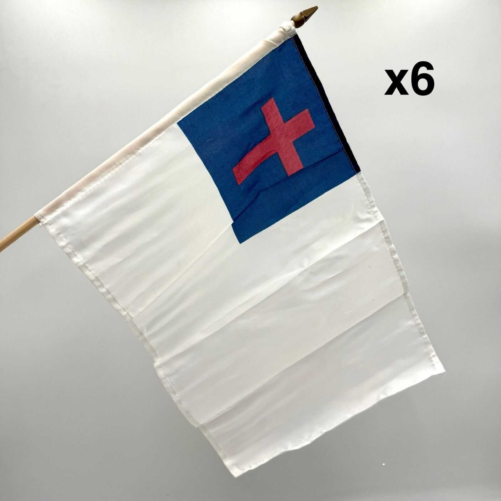 Lot of 6 Christian Flags 12x18" White Banner Blue with Red Cross on 25" Pole NEW