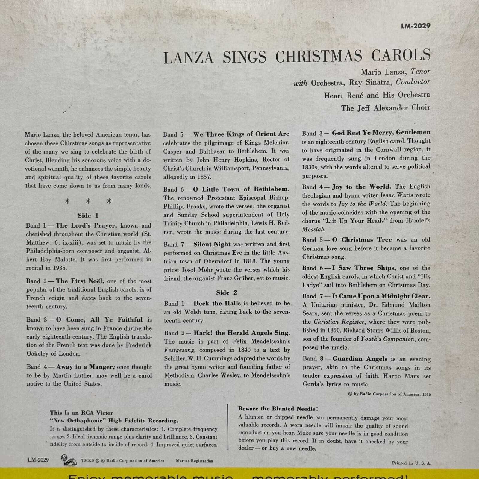 Mario Lanza – Lanza Sings Christmas Carols – 1956 - RCA Victor LM-2029 Vinyl LP