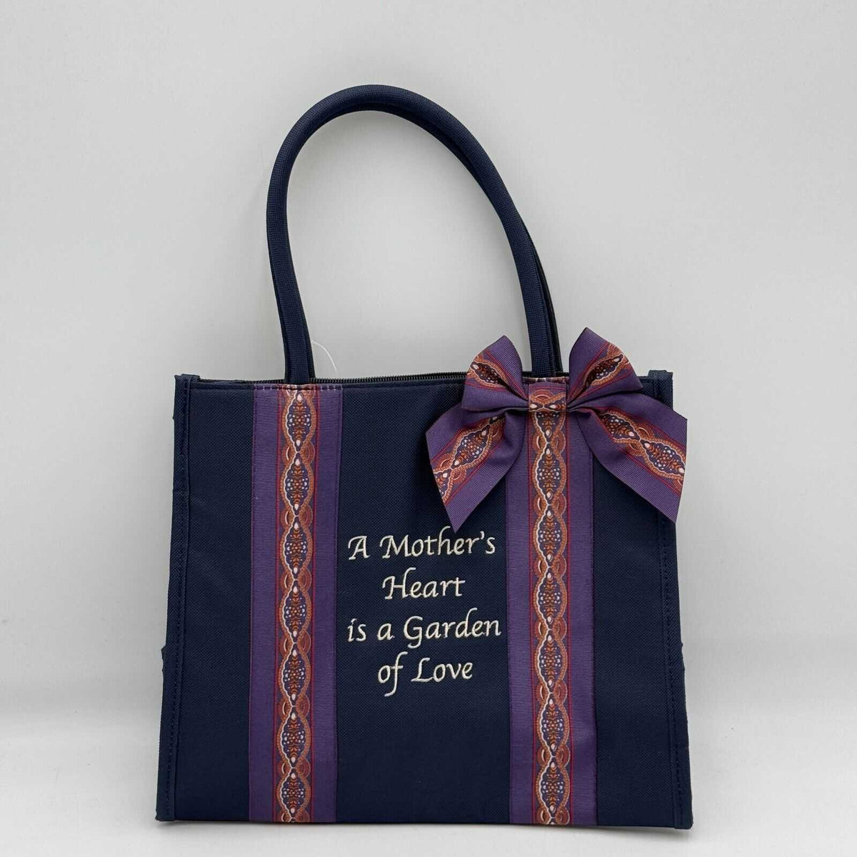 Morher’s Heart Garden Love Canvas Zip Tote Bag Side Pouches Purple Bow 4.5x12x10