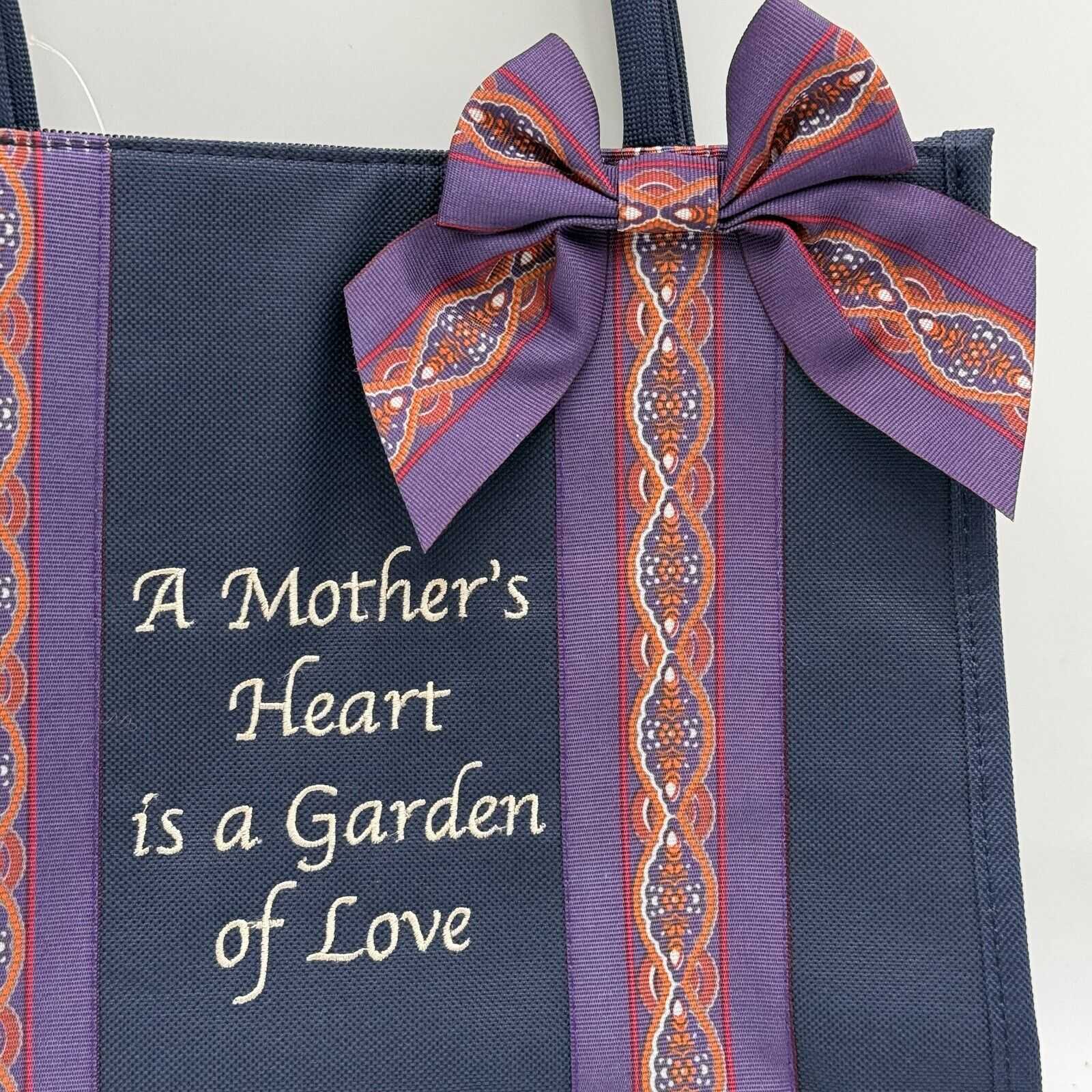 Morher’s Heart Garden Love Canvas Zip Tote Bag Side Pouches Purple Bow 4.5x12x10