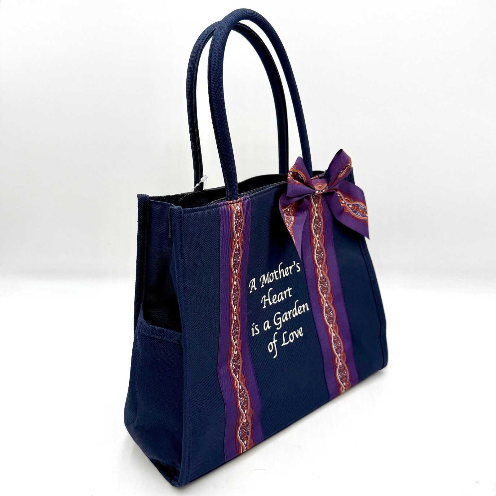 Morher’s Heart Garden Love Canvas Zip Tote Bag Side Pouches Purple Bow 4.5x12x10