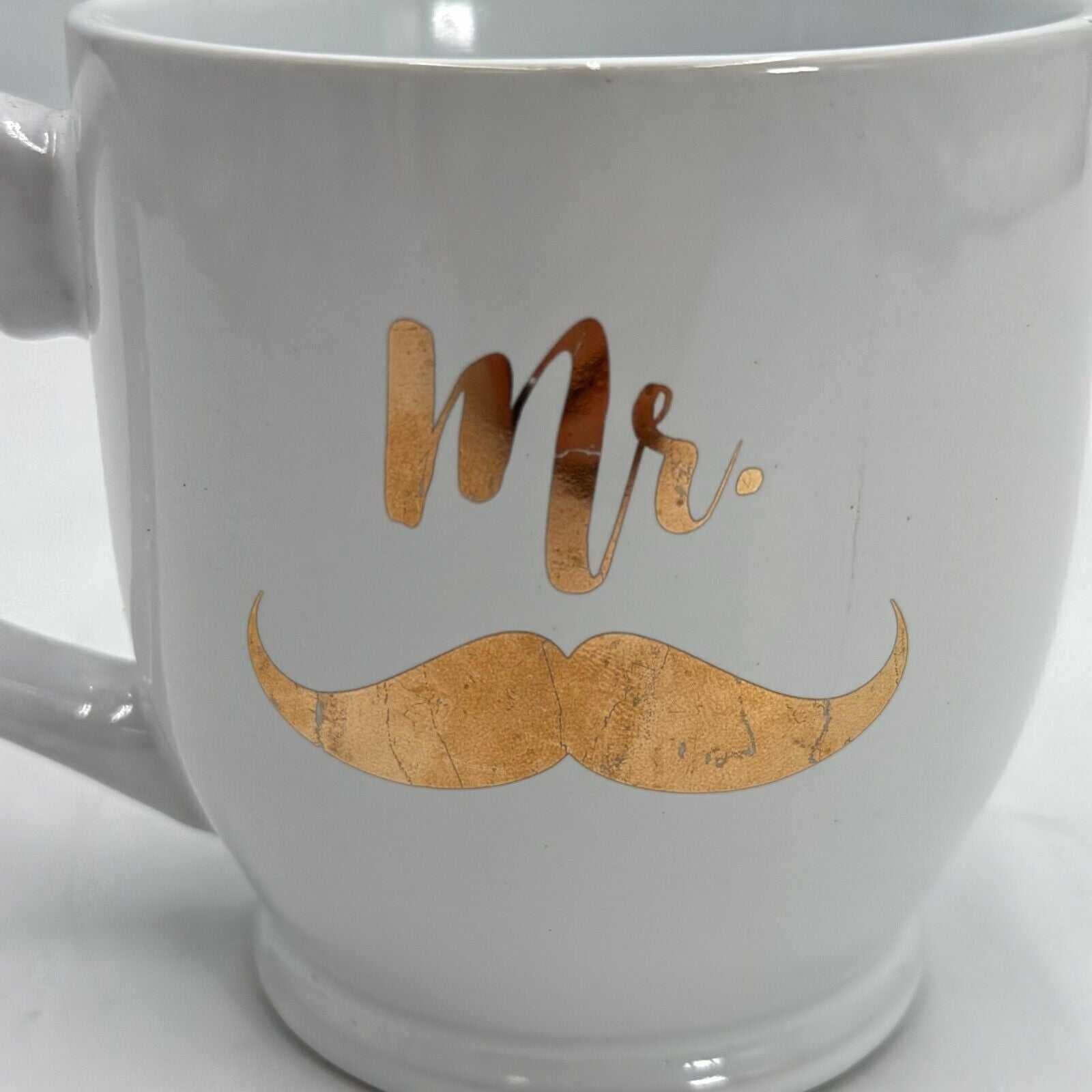 Mr. Coffee Mug White Gold Beard Groom Handled Drink Cup Wedding Gift Ceramic 4in